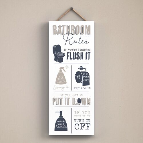 P3420 - Bathroom Rules Modern Grey Typography Home Humour Wooden Hanging Plaque