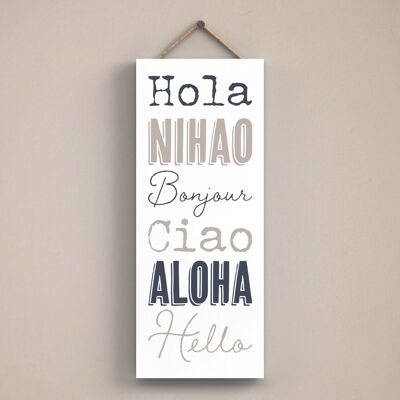 P3422 - Hello Languages Modern Gray Typography Home Humor Placa colgante de madera