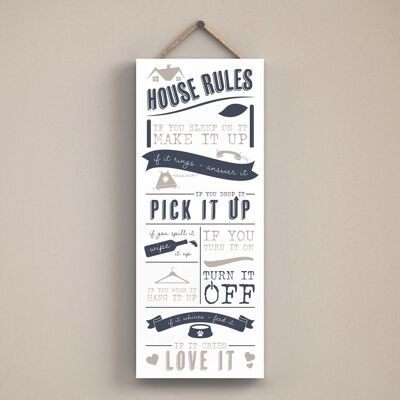 P3423 - House Rules Modern Gray Typography Home Humor Placa colgante de madera