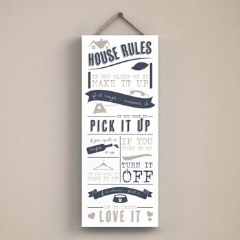 P3423 - House Rules Modern Grey Typography Home Humor Plaque à suspendre en bois 1