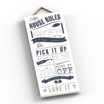 P3423 - House Rules Modern Grey Typography Home Humor Plaque à suspendre en bois 2