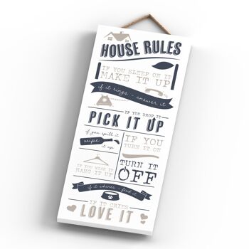 P3423 - House Rules Modern Grey Typography Home Humor Plaque à suspendre en bois 4