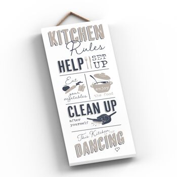 P3429 - Kitchen Rules Modern Grey Typography Home Humor Plaque à suspendre en bois 2
