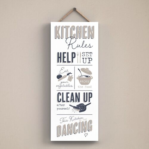 P3429 - Kitchen Rules Modern Grey Typography Home Humour Wooden Hanging Plaque