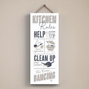 P3429 - Kitchen Rules Modern Grey Typography Home Humor Plaque à suspendre en bois 1
