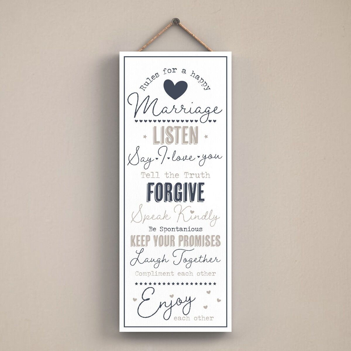 P3431 - Regole del matrimonio Tipografia grigia Umorismo domestico Targa da appendere in legno