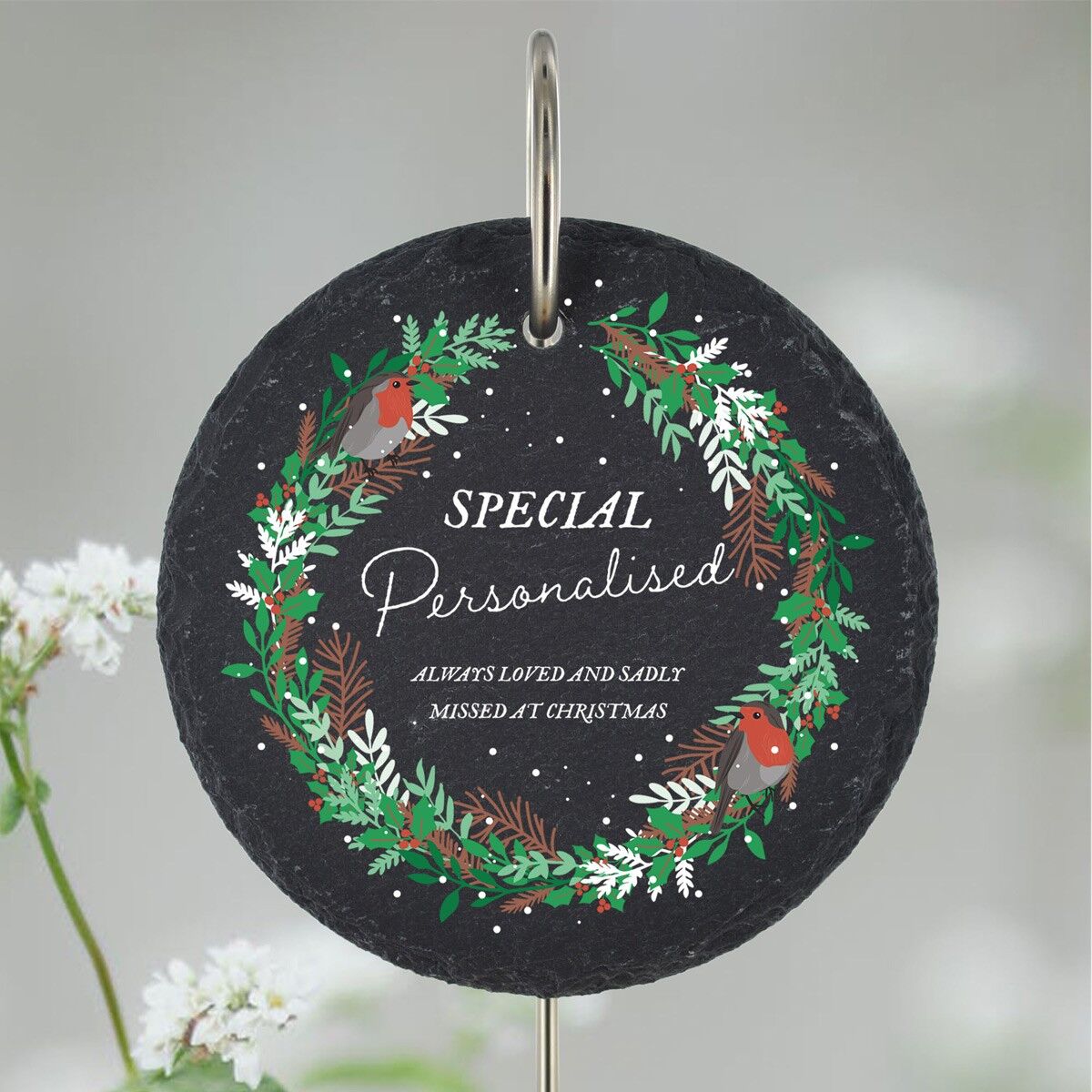P3442 - Speciale personalizzato perso a Natale Robin Wreath Memorial Slate Grave Plaque Palo