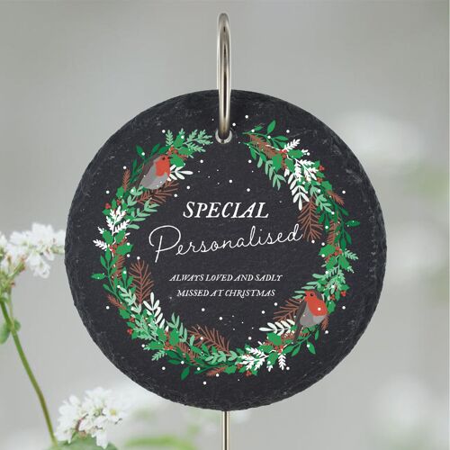 P3442 - Special Personalised Missed At Christmas Robin Wreath Memorial Slate Grave Plaque Stake