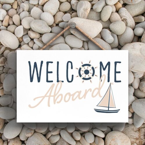 P3456 - Welcome Aboard Seaside Beach Themed Nautical Hanging Plaque