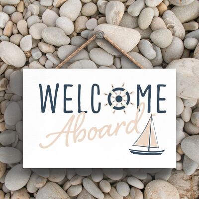 P3456 – Schild „Welcome Aboard Seaside Beach“ zum Aufhängen im maritimen Stil