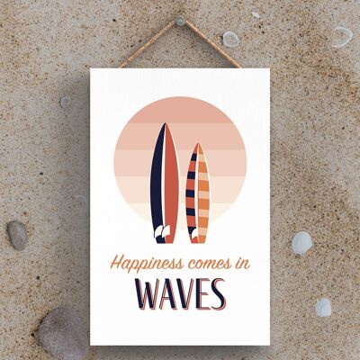 P3463 - Happiness Comes In Waves Seaside Beach Themed Nautical Hanging Plaque