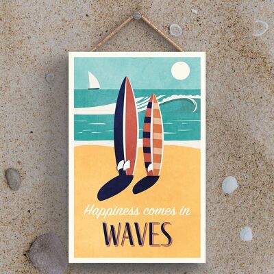P3464 - Happiness Comes In Waves Seaside Beach Themed Nautical Hanging Plaque