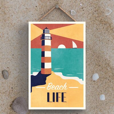 P3470 - Plaque à suspendre nautique sur le thème du phare de la plage de bord de mer Beach Life