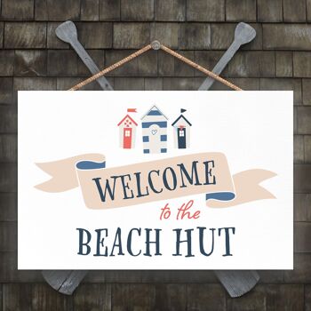 P3487 - Plaque à suspendre nautique sur le thème de la plage de bord de mer Welcome Beach Hut