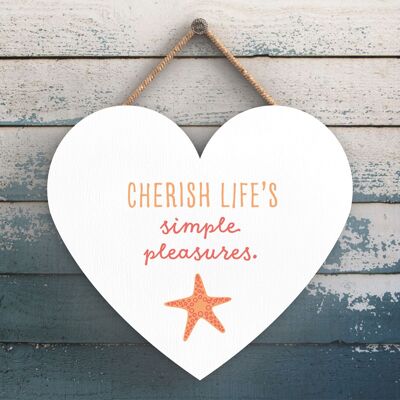 P3530 - Placa colgante de corazón náutico con tema de playa Cherish Simple Pleasures