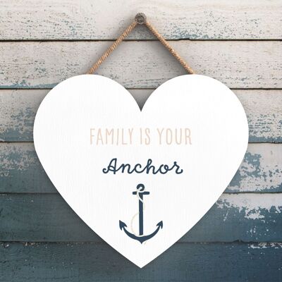 P3532 - Family Is Your Anchor Seaside Beach Themed Nautical Heart Hanging Plaque