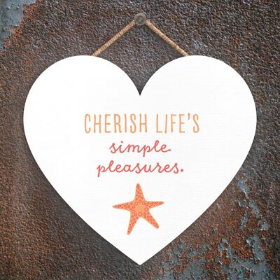 P3550 - Placa colgante de corazón náutico con tema de playa Cherish Simple Pleasures