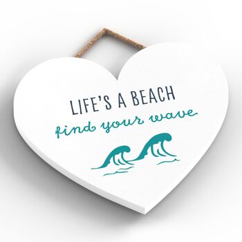 P3562 - Plaque à suspendre en forme de cœur nautique sur le thème de la plage de bord de mer Trouvez votre vague 2