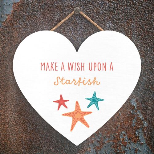 P3563 - Wish Upon Starfish Seaside Beach Themed Nautical Heart Hanging Plaque
