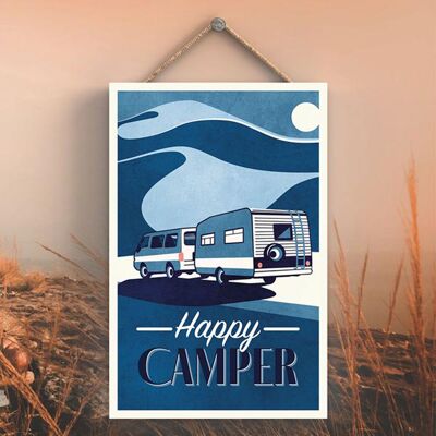 P3587 - Targa da appendere a tema campeggio blu Happy Camper Caravan