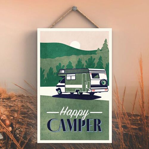 P3588 - Green Happy Camper Caravan Camping Themed Hanging Plaque