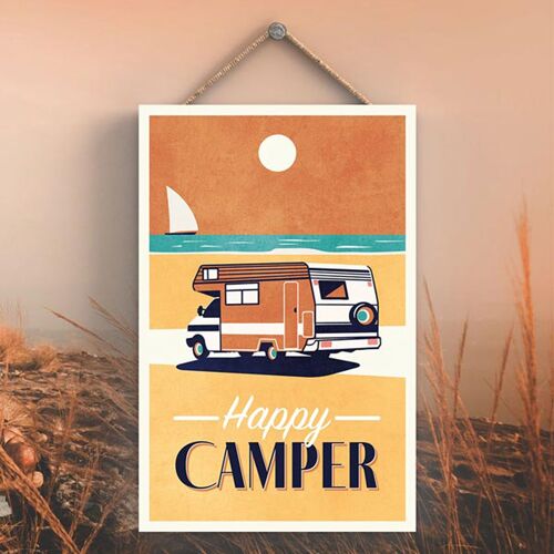 P3590 - Yellow Happy Camper Caravan Camping Themed Hanging Plaque