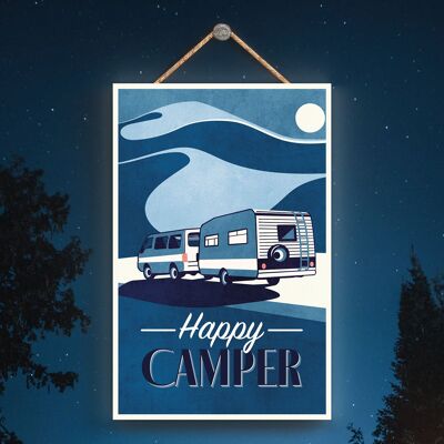 P3601 – Blaues Happy Camper Wohnwagen-Campingschild zum Aufhängen