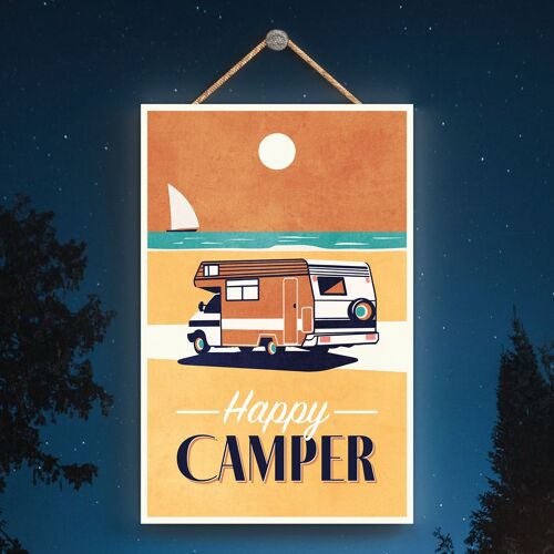 P3604 - Yellow Happy Camper Caravan Camping Themed Hanging Plaque