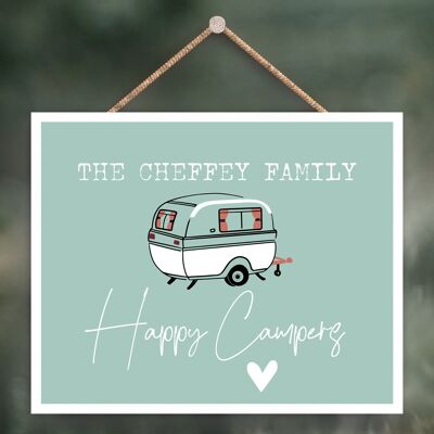 P3613 - Placa colgante temática personalizada Happy Camping Blue Camper Caravan Camping
