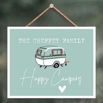 P3613 - Plaque à suspendre personnalisée sur le thème de la caravane de camping-car bleu Happy Camping 1