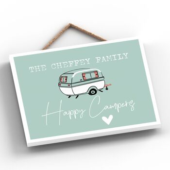 P3613 - Plaque à suspendre personnalisée sur le thème de la caravane de camping-car bleu Happy Camping 2