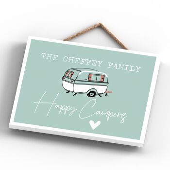 P3613 - Plaque à suspendre personnalisée sur le thème de la caravane de camping-car bleu Happy Camping 4