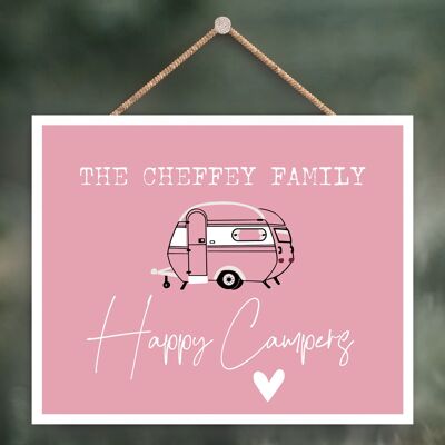 P3614 – Personalisiertes Happy Camping Pink Camper Caravan Camping-Themen-Plakette zum Aufhängen