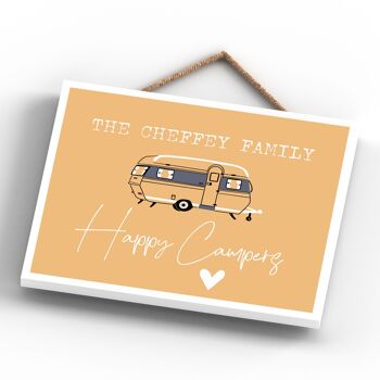 P3615 - Plaque à suspendre personnalisée sur le thème du camping jaune Happy Camping Caravan Camping 4