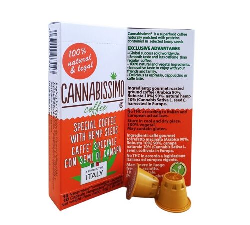 Cannabissimo coffee with hemp seeds, capsules compatible Nespresso in boxes of 10 capsules