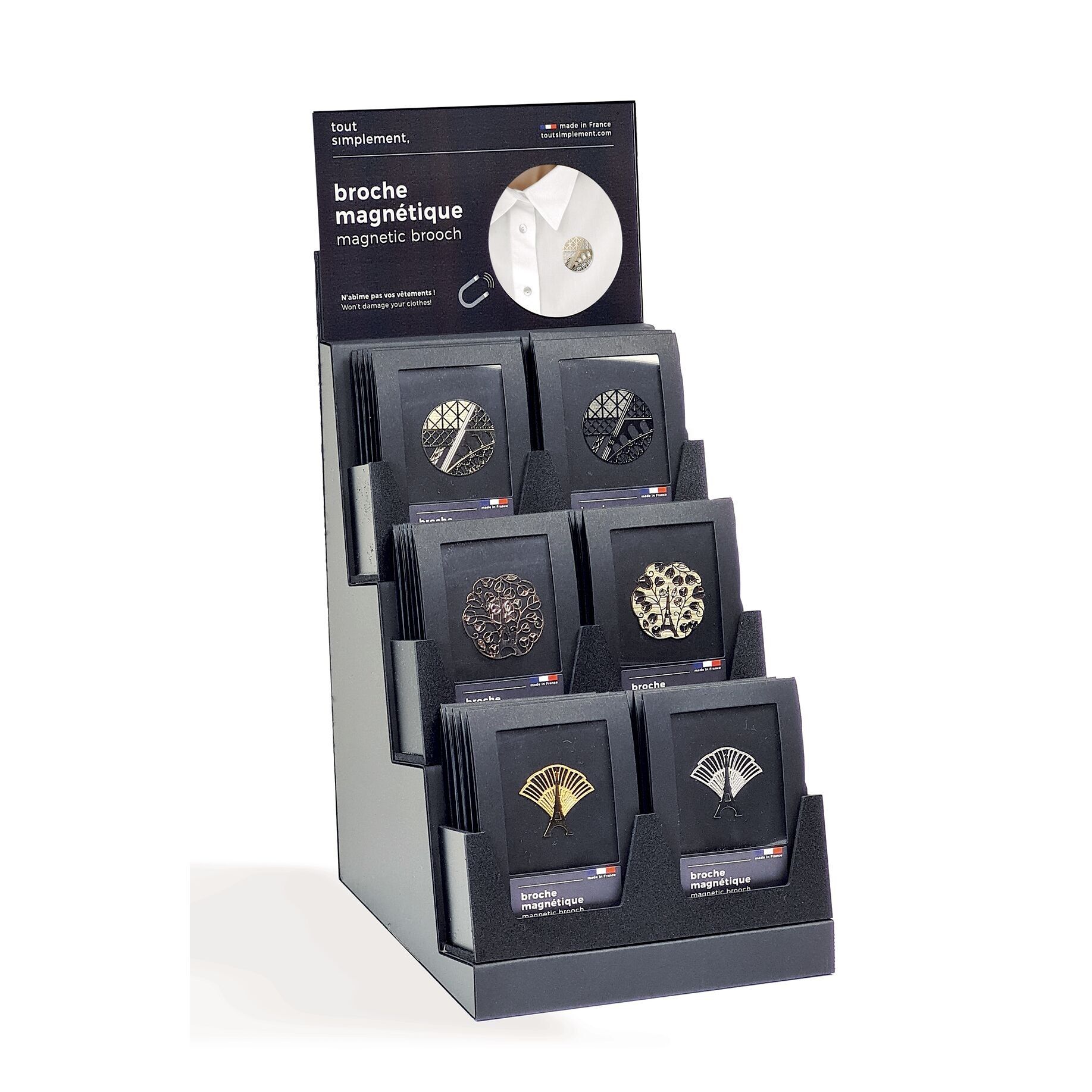 Espositore completo di 30 spille magnetiche Paris + espositore in omaggio