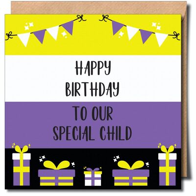 Joyeux anniversaire à notre carte de vœux non binaire spéciale pour enfant. Carte d’anniversaire non binaire.