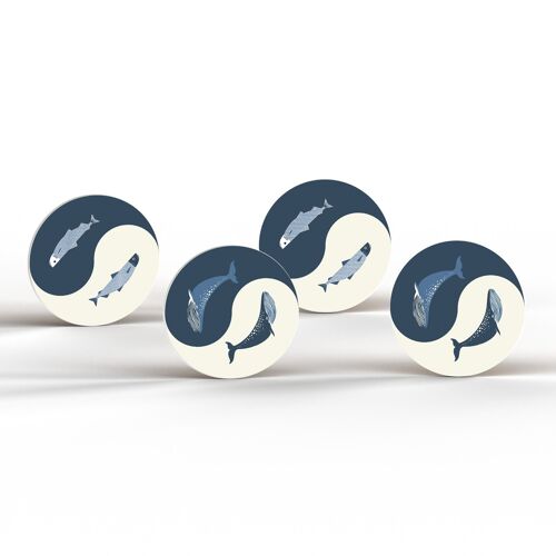 P3876 - Set Of 4 Ying Yang Whale And Fish Ceramic Round Coasters