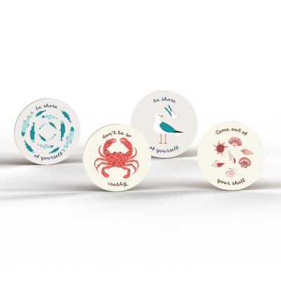 P3879 - Set Of 4 Sea Life Fish Seagull Crab Shells Ceramic Round Coasters