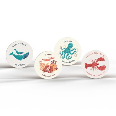 P3880 - Set Of 4 Sea Creature Whale Coral Octopus Lobster Ceramic Round Coasters