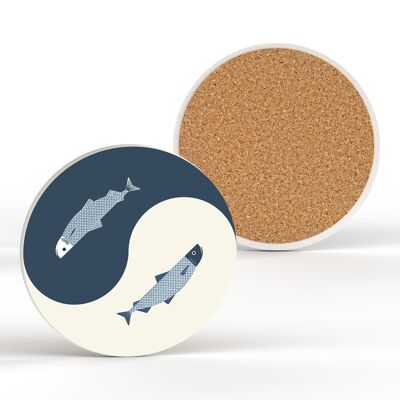 P3882 - Ying Yang Fish Nautical Themed Ceramic Round Coaster