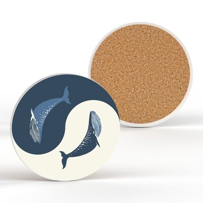 P3883 - Ying Yang Whale Nautical Themed Ceramic Round Coaster