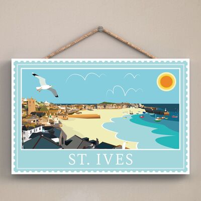 P4039 – St Ives End Works Of K Pearson Seaside Town Illustration aus Holz zum Aufhängen