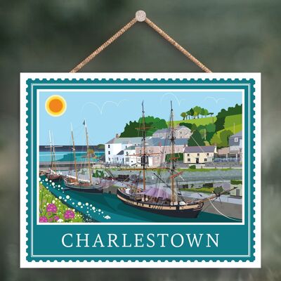 P4042 - Charlestown Opere di K Pearson Seaside Town Illustrazione Targa da appendere in legno