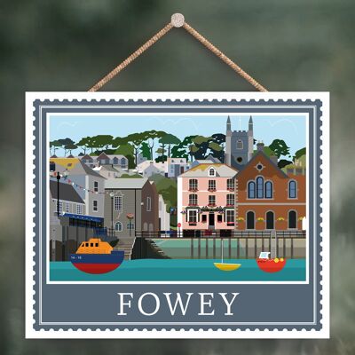 P4045 - Fowey Works Of K Pearson Seaside Town Illustration Placa colgante de madera