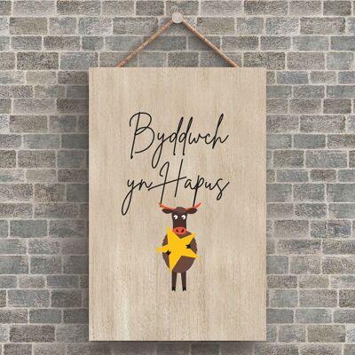 P4202 - Vaca Byddwch Yn Hapus Be Happy Welsh Cute Animal Theme Placa colgante de madera