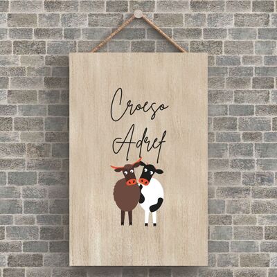 P4204 – Kuh Croeso Adref Welcome Home walisisches niedliches Tiermotiv aus Holz zum Aufhängen
