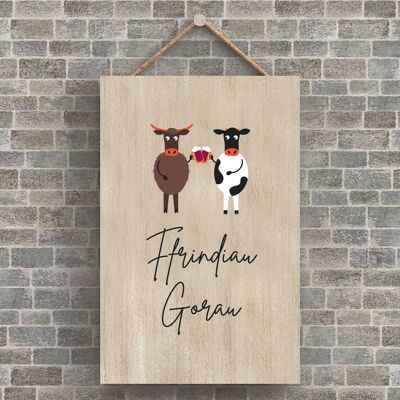 P4205 - Vaca Ffrindiau Goran Best Friends Welsh Cute Animal Theme Placa colgante de madera