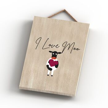 P4206 - Vache I Love Moo Plaque à suspendre en bois sur le thème des animaux mignons 4