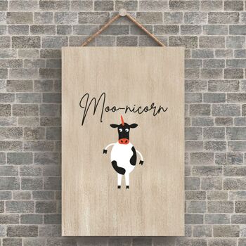 P4211 - Vache Moonicorn Plaque à suspendre en bois sur le thème des animaux mignons 1